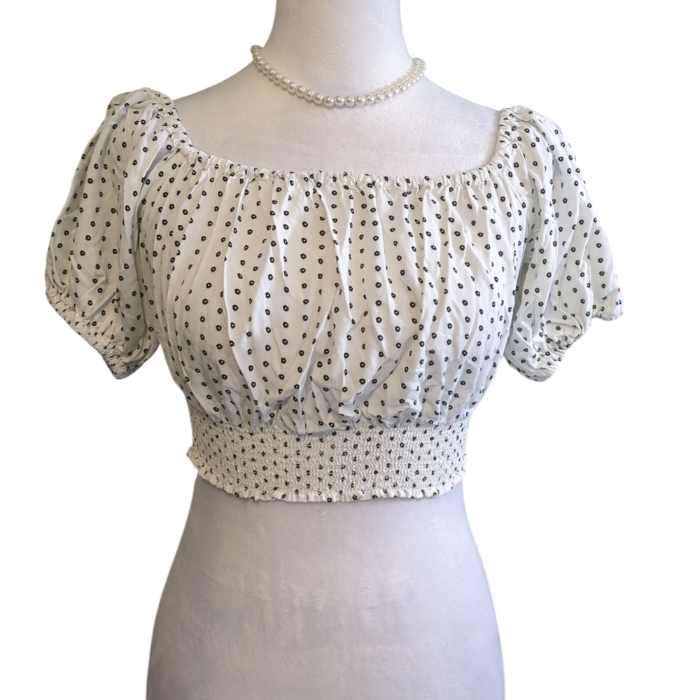 Garage Crop Top Puff Sleeve Top Size P/S White With Small Black Flowers